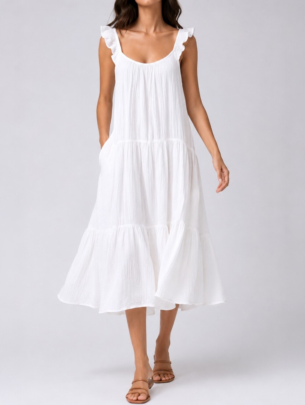 XiRENA Rummer Cotton Gauze Tiered Midi Dress White Coastal Minimalist S